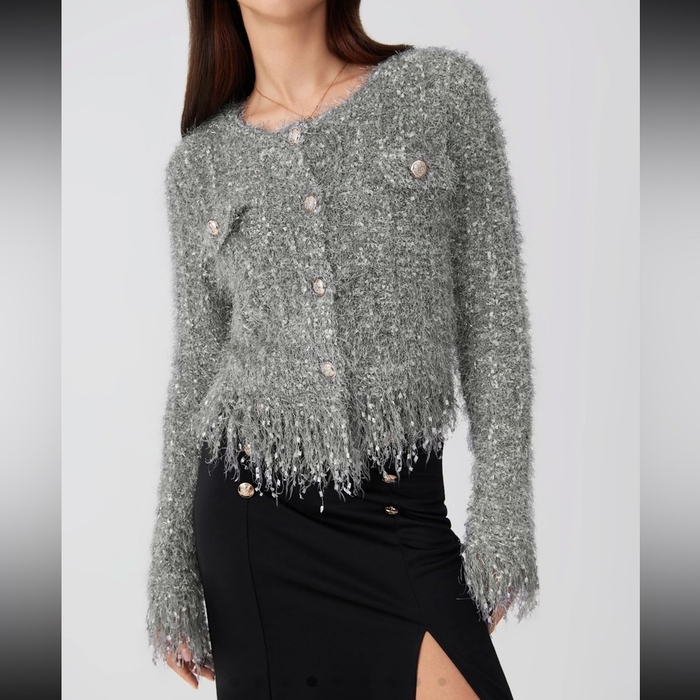 NWT CIDER GREY FUZZY ROUND NECK BUTTON METALLIC KNITTED LONG SLEEVE CARDIGAN